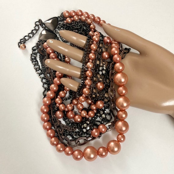 Vintage mixed metal peach pearl multi strand neck… - image 8