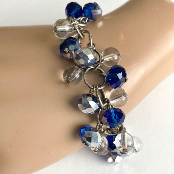 Vintage silver tone blue and clear glass bead Cha… - image 5