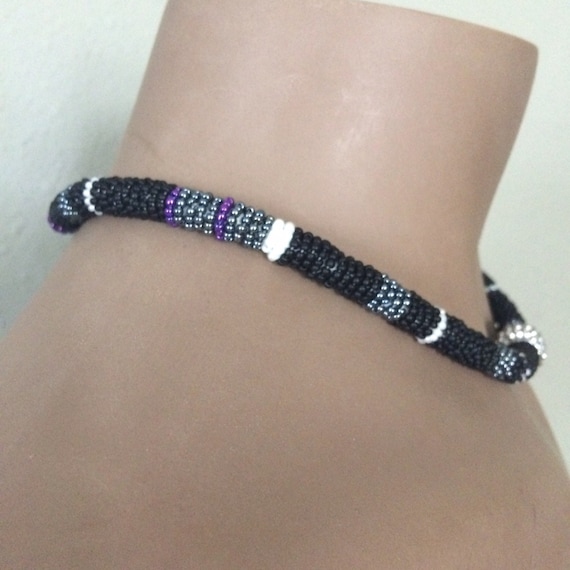 Vintage purple and black seed bead and clear crys… - image 1