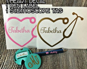 Nurse's decal set/ Stethoscope tag/ tablet pen decal/ Heart stethoscope decal