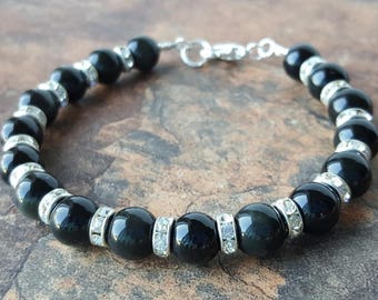 Natural BLACK ONYX 8mm gemstone beads bracelet, rhinestones, Root chakra/Muladhara, crystal healing,  Chakra healing