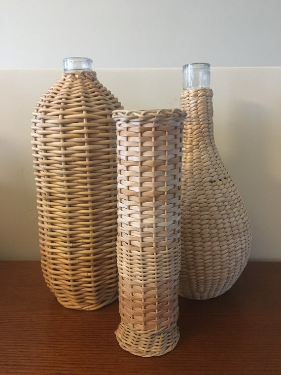 Vintage Tall & Skinny Wicker Wrapped Vase with Glass Insert Etsy