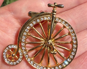 Vintage High Wheel Bicycle Brooch Gold Tone with Rhinestones