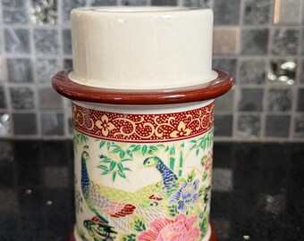 Vintage Japanese Floral Peacock Motif Porcelain Candle Holder Made in Japan