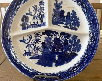 Moriyama Occupied Japan Vintage Divided Blue Willow Dinner Plate 1940s