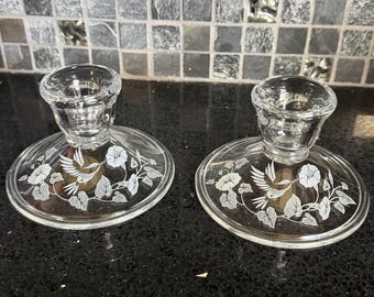 Vintage 80s Avon Glass Etched Hummingbird Taper Candle Holders - set of 2