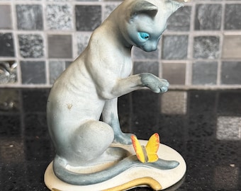 Mid Century Modern 1950s Vintage Porcelain Siamese Cat with Butterfly Figurine