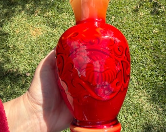 Vintage 1981 Avon Spring Bouquet Vase Oriental Red Botanical Design
