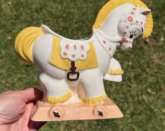 Vintage Thomas Ceramics White and Yellow 8" Horse Planter Figurine - 1940s Hand Painted