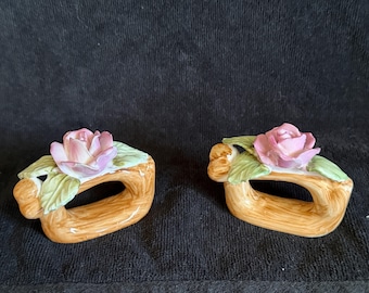 Vintage Pia Bone China Napkin Rings Holders Set of 2 Pink Rose Floral Hand Painted 1986