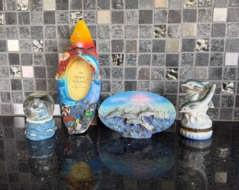 Lot of 1990's Dolphin Collectible Items - Frame, Snowglobe, Resin plaque, and porcelain trinket box!