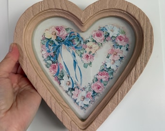 Vintage Homco Barbara Mock Heart Shaped Wall Hanging Print - Flowers and Ribbons