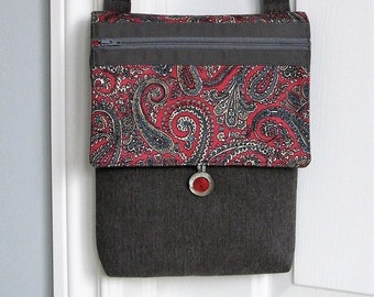 Crossbody purse - handmade - grey and red - fabric purse - shoulder bag - handbag - one of a kind