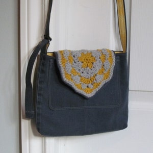 Crochet detail purse - handmade purse - repurposed fabric - crossbody bag - grey andyellow purse - handbag - shoulder bag - crochet accent
