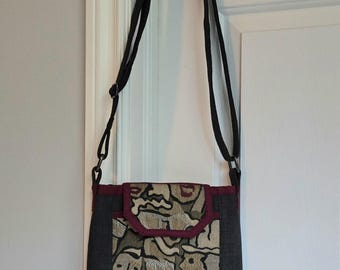 Crossbody purse - handmade - grey and multi print - fabric purse - shoulder bag - handbag - one of a kind