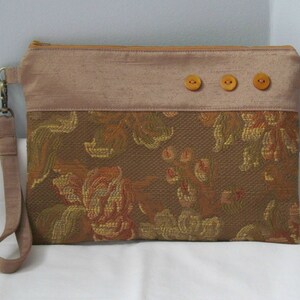 Golden fabric clutch wristlet - golden satin and jacquard fabric purse - handmade purse - evening bag - special occasion purse - pouch
