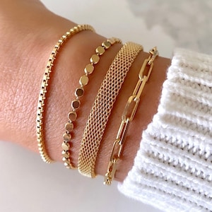 Gold Filled Stacking Bracelets Thick Box Chain Bracelet Dot Bracelet Paperclip Chain Flat Woven Band Bracelet Everyday Minimalist Jewelry