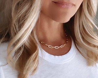 Gold Filled Thick Link Necklace Rectangle Chain Everyday Minimalist Necklaces Chunky Paper Clip Necklace Stacking Necklace Boho Chic Jewelry