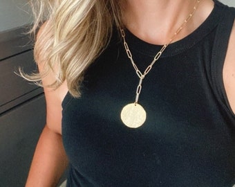 Gold Lariat Necklace Large Coin Necklace Gold Filled Paperclip Chain Adjustable Medallion Necklace Boho Jewelry Minimalist Y Necklace Gift