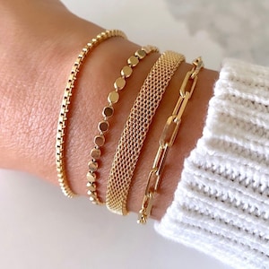 Gold Filled Stacking Bracelets Thick Box Chain Bracelet Dot Bracelet Paperclip Chain Flat Woven Band Bracelet Everyday Minimalist Jewelry
