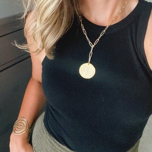 Gold Lariat Necklace Large Coin Necklace Gold Filled Paperclip Chain Adjustable Medallion Necklace Boho Jewelry Minimalist Y Necklace Gift