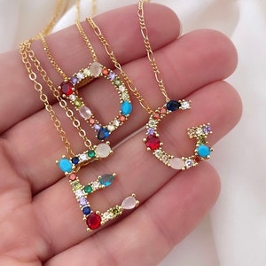Gemstone Letter Necklace Gold Filled Chain Colorful Crystals Initial Charm Necklace Personalized Custom Gift for Her Big Letter Pendant