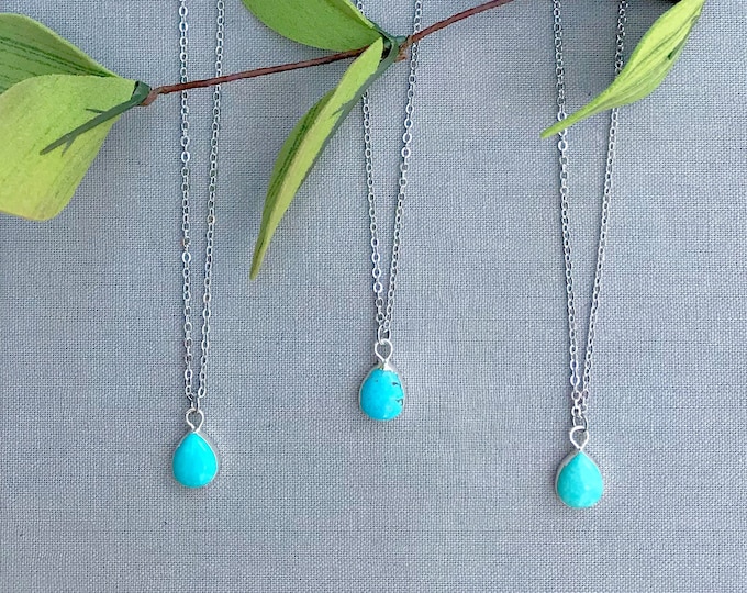 Turquoise Necklace Sterling Silver Small Teardrop Turquoise Silver Necklace 14k Silver Plate Boho Tiny Raw Turquoise Pendant Bridesmaid Gift