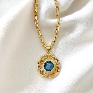 Vintage Style Medallion Necklace Blue Crystal Pendant Necklace Gold Filled Thick Link Paperclip Chain 70s inspired Jewelry Blue Gemstone