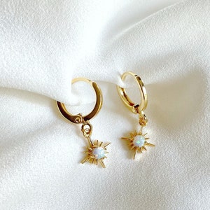 Dainty Opal Huggie Earrings Opal Star Earrings Gold Filled Hoops Tiny Opal Hoops Minimalist Earrings October Birthstone Earrings Boho Chic