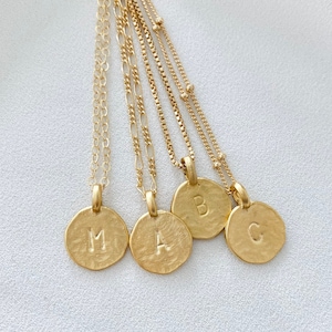 Personalized Letter Necklace Gold Coin Initial Charm Necklace Stamped Disc Gift Vermeil Gold Coin Necklace Everyday Gold Filled Necklace