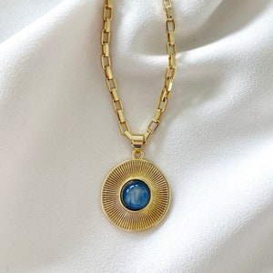 Vintage Style Medallion Necklace Blue Crystal Pendant Necklace Gold Filled Thick Link Paperclip Chain 70s inspired Jewelry Blue Gemstone image 7