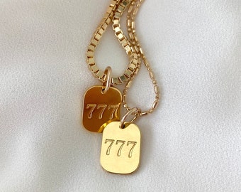 Gold Filled 777 Pendant Necklace Chunky Box Chain Thick Paperclip Necklace Religious Pendant Holy Angel Numbers Gold Charm Gift Idea
