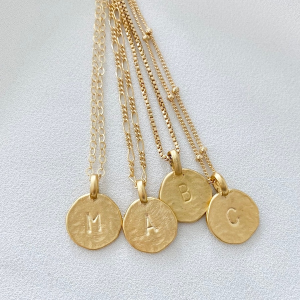 Personalized Letter Necklace Gold Coin Initial Charm Necklace Stamped Disc Gift Vermeil Gold Coin Necklace Everyday Gold Filled Necklace