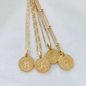 Gold Letter Necklace Gold Vermeil Stamped Initial Charm Necklace Small Gold Coin Letter Pendant Personalized Initial Necklace Mother&#39;s Day
