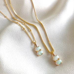 Dainty Opal Necklace October Birthstone Jewelry Gold Filled Genuine Opal Pendant Double Opal Stones Genuine Opal Crystal Necklaces Gift Idea