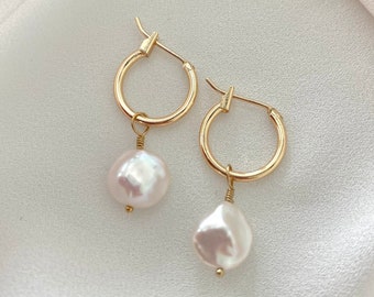 Gold Filled Hoop Earrings with Pearl Charms Dainty Pearl Hoops Pearl Dangle Drop Earrings Modern Pearl Jewelry Minimalist 2 in 1 Earring Set