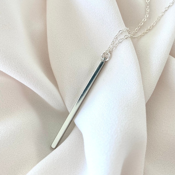 Silver Bar Necklace Long Vertical Bar Necklace Layering Necklace Sterling Silver Chain Rectangle Bar Pendant Necklace Simple Minimalist