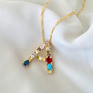 Girlfriend Gift Letter Necklace Rainbow Colored Crystal Necklace Initial Pendant Necklace Personalized Jewelry Chunky Letter Charm Necklace
