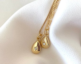 Dainty Gold Filled Teardrop Pendant Necklace Raindrop Charm with CZ Crystal Stone Figaro Chain Minimalist Jewelry Gift Star Charm Necklace