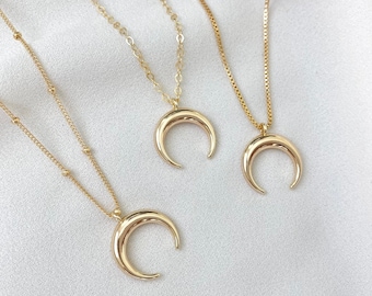 Dainty Crescent Necklace Gold Filled Crescent Moon Necklace Double Horn Pendant Gold Crescent Pendant Satellite Chain Layering Necklace Gift