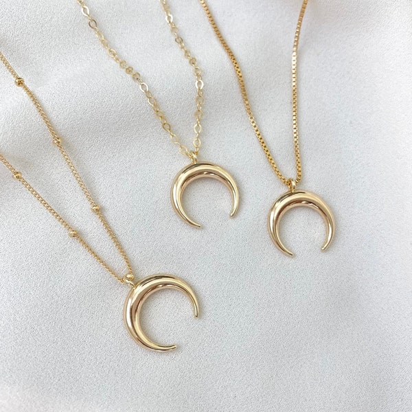 Dainty Crescent Necklace Gold Filled Crescent Moon Necklace Double Horn Pendant Gold Crescent Pendant Satellite Chain Layering Necklace Gift