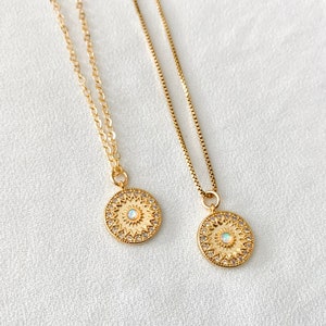 Opal Necklace Gold Opal Coin Necklace Opal Sun Medallion Necklace Minimalist Dainty Coin Necklace Gold Layering Necklace Disc Necklace Gift