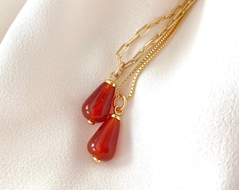 Carnelian Necklace Carnelian Gemstone Pendant Necklace Gold Filled Figaro Chain Teardrop Shaped Carnelian Charm Orange Crystal Gift Idea