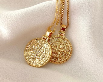 Gold Filled Cross Coin Necklace Gold Medallion Necklaces for Layering St. Benedict Charm Moveable Hinge Bail Pendant Necklace Figaro Chain