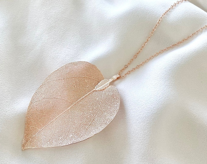 Rose Gold Leaf Necklace Long Layering Necklace Rose Gold Leaf Pendant