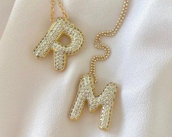 Chunky Letter Necklace Micro Pave Initial Pendant Crystal Covered Letter Charm Gold Filled Chain Birthday Gift Idea Chubby Initial Jewelry