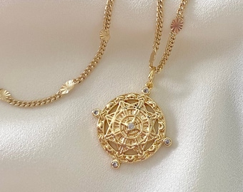 Gold Filled Medallion Necklace Gold Coin Layering Necklace World Traveler Gift Stacking Necklace Compass Pendant Necklace Wanderlust Jewelry