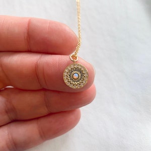 Tiny Opal Necklace Sunshine Pendant Necklace Gold Filled Box Chain Small Medallion Sun Charm Gold Disc Necklace Delicate Charm Necklace Gift