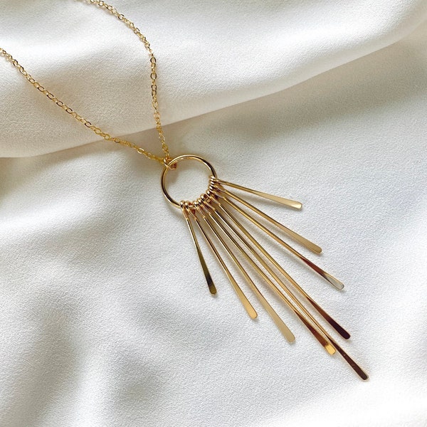 Gold Fringe Necklace Dangle Bars Necklace Boho Sunburst Pendant Necklace Gold Filled Chain Bohemian Jewelry Minimalist Layering Necklace