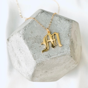 Old English Letter M Necklace Gold Filled Initial Charm Name Necklace Custom Jewelry Minimalist Womens Necklaces Layering Necklace Gift Idea